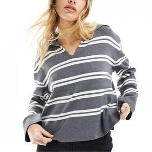 anthro Women's Charcoal Gray White Stripe Collared Quarter Zip Sweater XS